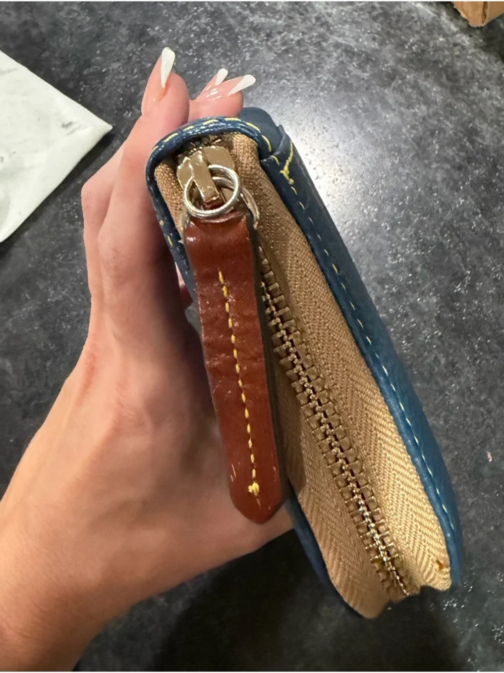 Dooney & Bourke Navy Pebbled Leather Zip Wallet with Brown Patch - Picture 5 of 11